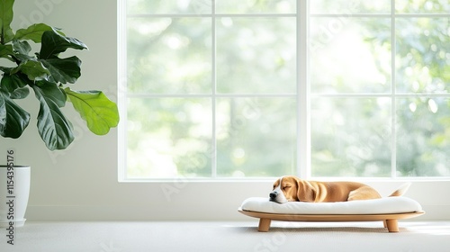   A brown and white dog rests on a white dog bed in front of a window with a potted plant
