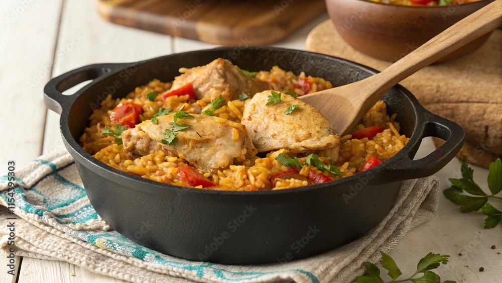 Delicious arroz con pollo served in a rustic pot highlighting traditional culinary art Delicious arroz con pollo served in a rustic pot highlighting traditional culinary art
