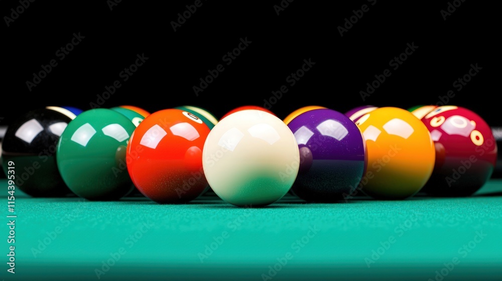 Close-up of billiard balls on a green felt pool table. Close-up of billiard balls on a green felt pool table.
