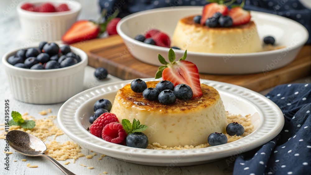 Delightful arroz doce topped with fresh berries served on a rustic wooden table