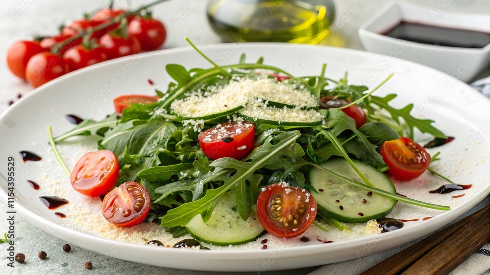 Fresh arugula salad with cherry tomatoes and cucumber drizzled with balsamic glaze for a healthy meal Fresh arugula salad with cherry tomatoes and cucumber drizzled with balsamic glaze for a healthy meal