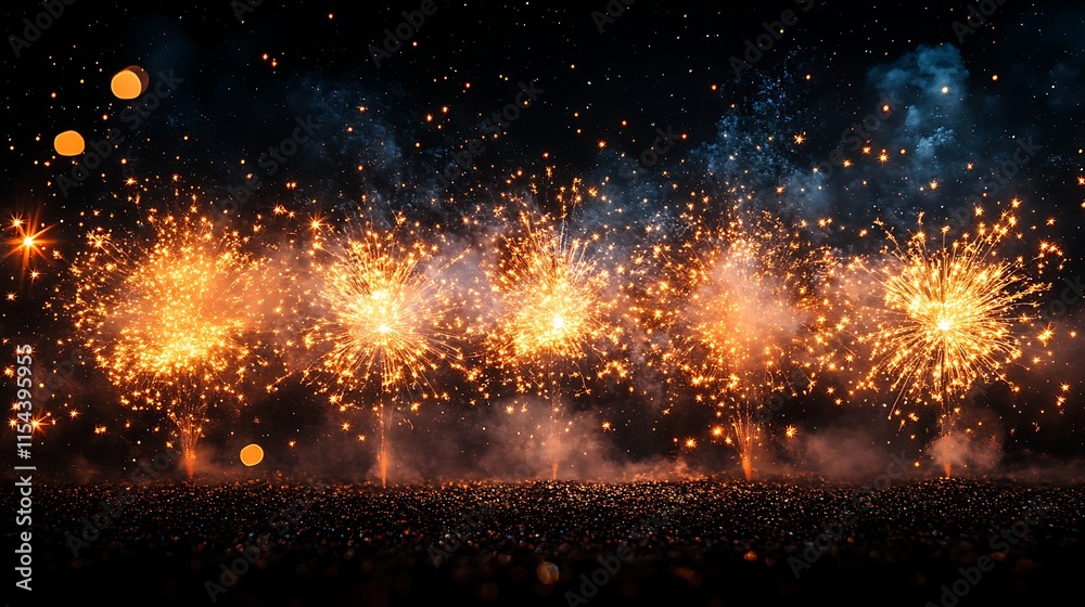 Naklejka premium Golden sparks shimmering brilliantly with radiant energy against the blackened void background image