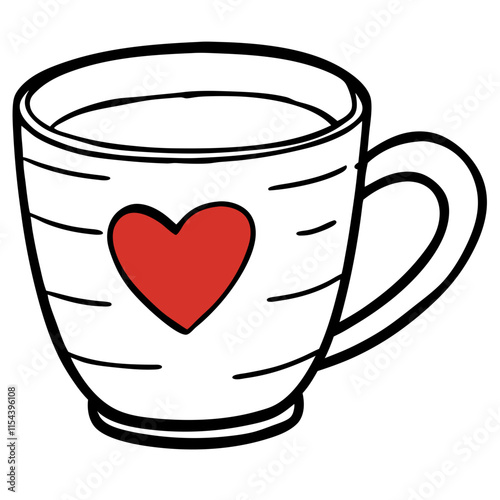 Hand-drawn coffee cup with red heart, black and white Valentine’s design.