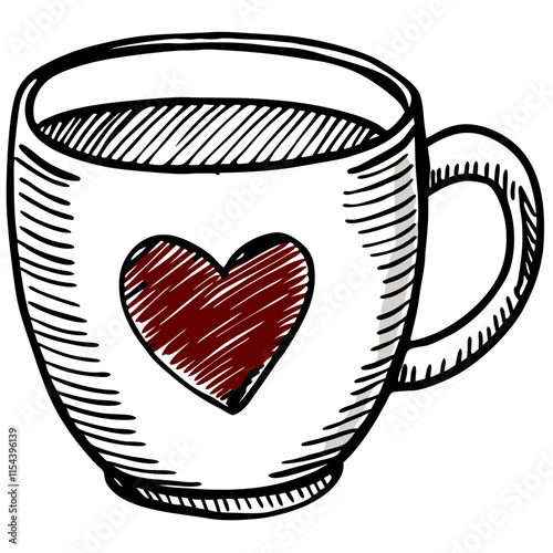 Hand-drawn coffee cup with red heart, black and white Valentine’s design.