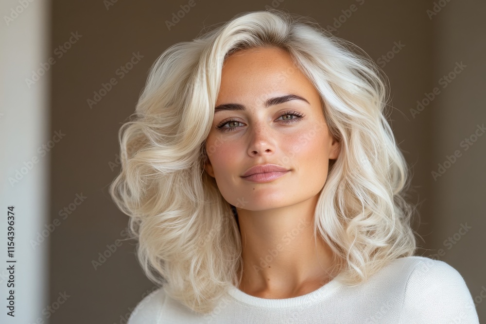 A stunning woman with luxurious wavy blonde hair poses confidently, showcasing a natural beauty. Her expression radiates grace and elegance, capturing timeless femininity. A stunning woman with luxurious wavy blonde hair poses confidently, showcasing a natural beauty. Her expression radiates grace and elegance, capturing timeless femininity.
