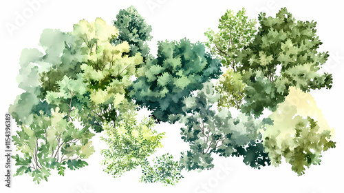 Various green trees, bushes and shrubs, top view for landscape design plan. isolated watercolor illustration, png cutout. Pinnacle. Illustration