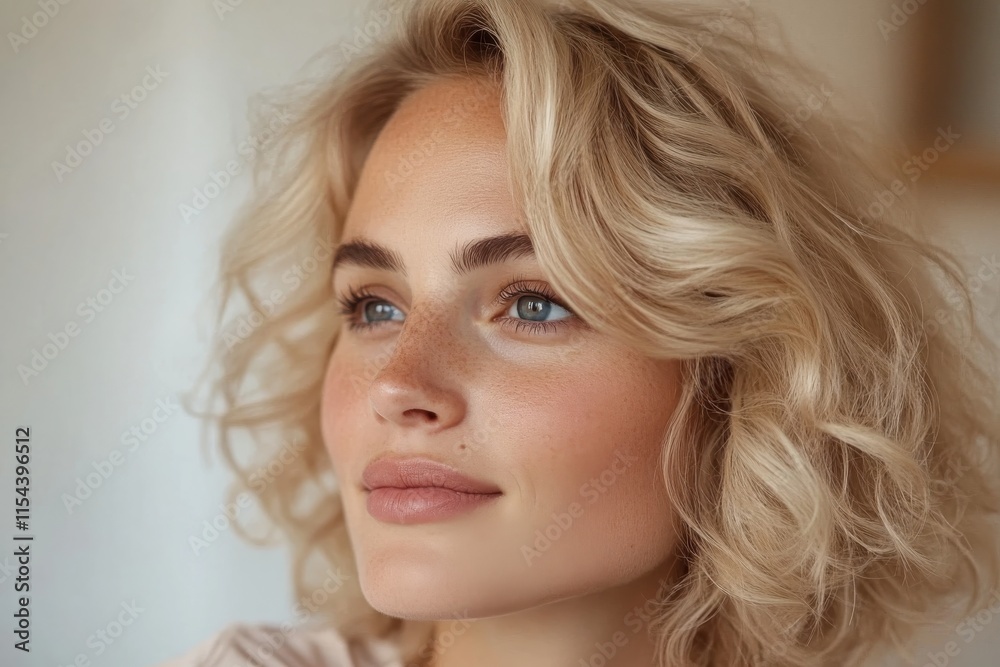 A beautiful woman with soft curly hair and captivating blue eyes gazes thoughtfully to the side, representing confidence, grace, and a deep connection to her inner self. A beautiful woman with soft curly hair and captivating blue eyes gazes thoughtfully to the side, representing confidence, grace, and a deep connection to her inner self.