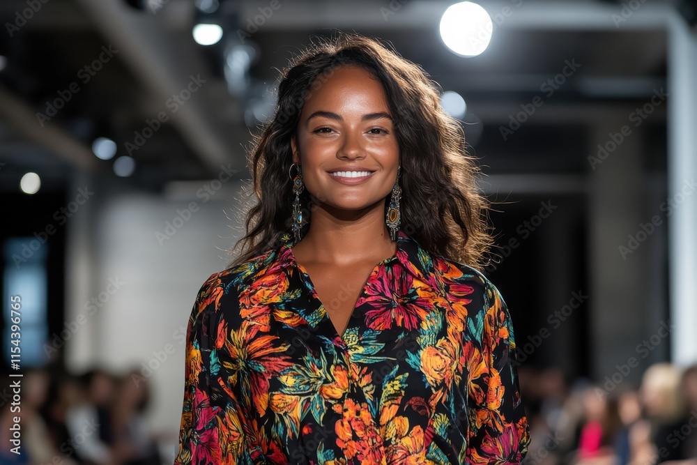 A model with curly hair displays a radiant smile on the catwalk, dressed in floral attire that accentuates her natural beauty and the dynamic nature of fashion. A model with curly hair displays a radiant smile on the catwalk, dressed in floral attire that accentuates her natural beauty and the dynamic nature of fashion.