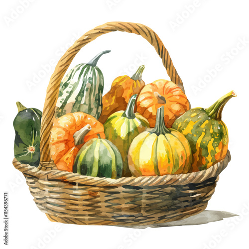 A watercolor of a basket of assorted squash and pumpkins resting, isolated on a white background. Squash basket vector.
