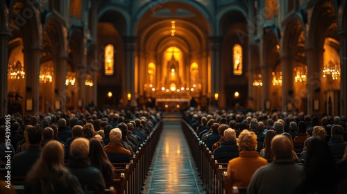 Majestic Interior of a Grand Cathedral Filled with Worshippers During a Candlelit Evening Service