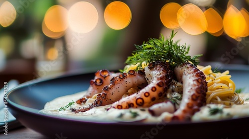 A gourmet dish of pasta topped with tender octopus and garnished with fresh herbs, highlighted by soft focused lights, symbolizes culinary artistry and elegance. photo