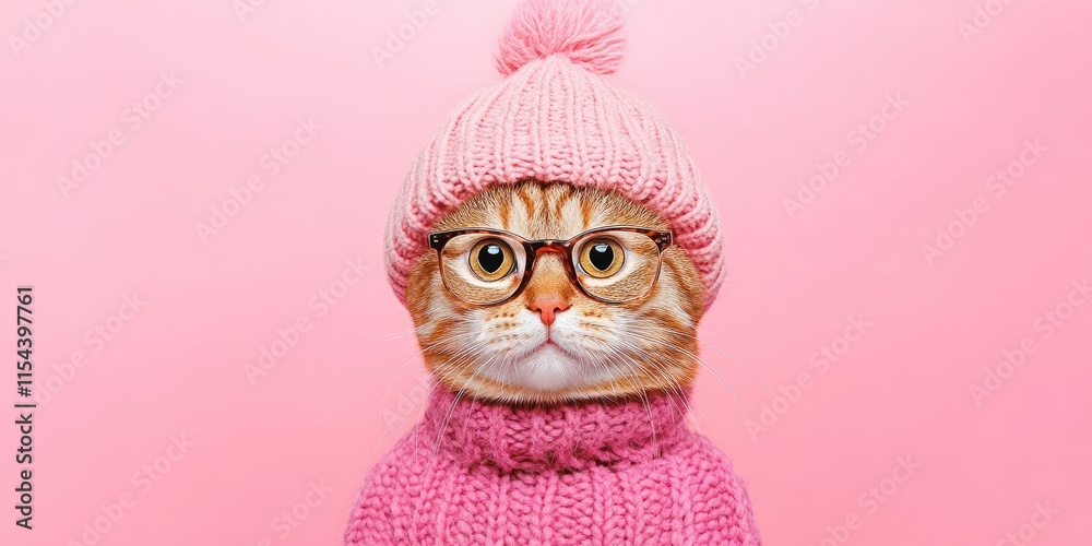 Obraz premium A furry cat sports a cozy pink knitted hat and stylish glasses, showcasing a playful personality against a soft pastel backdrop