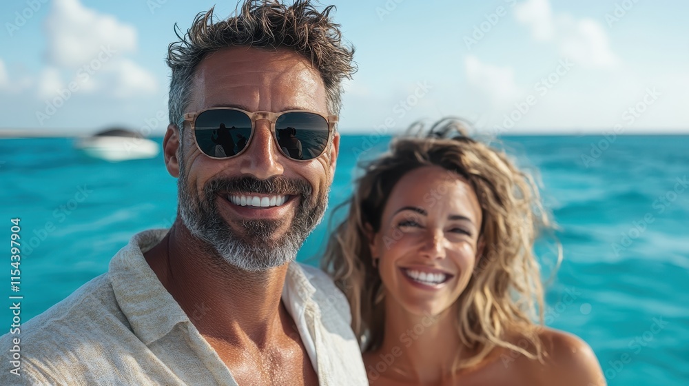 Two people smiling widely while posing on a boat against a clear blue ocean backdrop, reflecting a fabulous sunny day filled with joy and togetherness at sea. Two people smiling widely while posing on a boat against a clear blue ocean backdrop, reflecting a fabulous sunny day filled with joy and togetherness at sea.