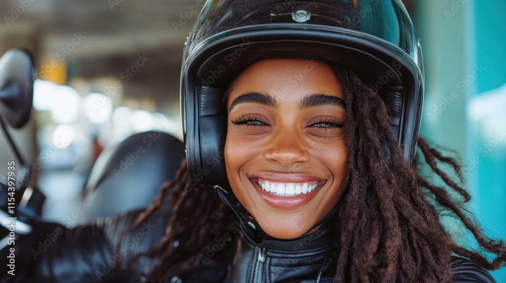 A woman wearing a helmet and black leather jacket smiles brightly while riding a motorcycle, exuding happiness and adventure in an urban setting. A woman wearing a helmet and black leather jacket smiles brightly while riding a motorcycle, exuding happiness and adventure in an urban setting.