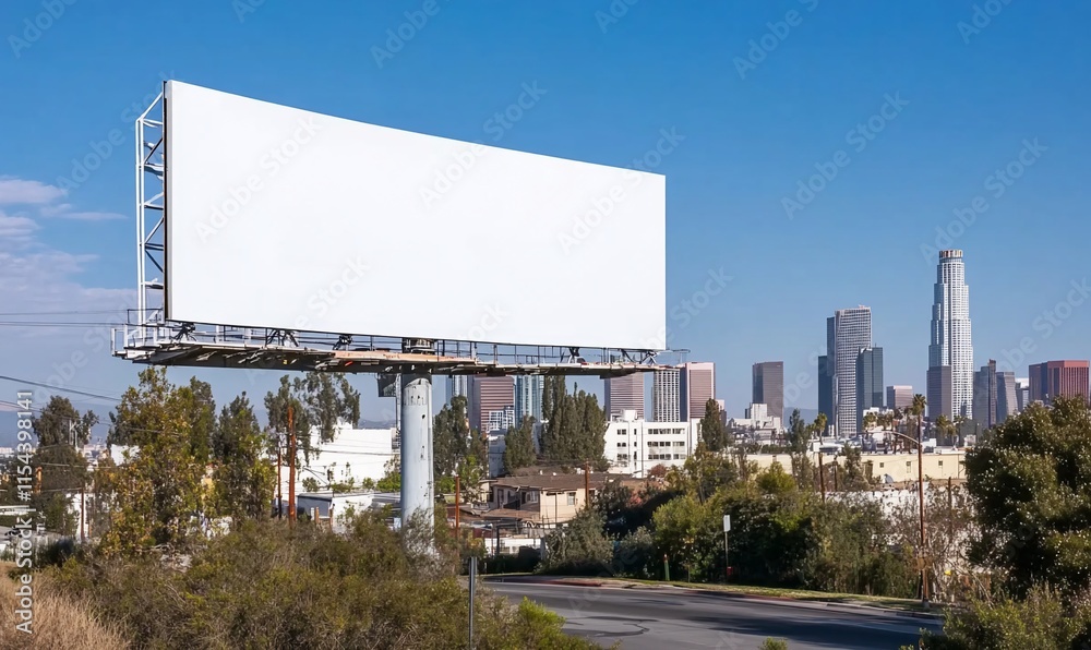 A blank billboard stands against a city skyline under a clear sky. A blank billboard stands against a city skyline under a clear sky.