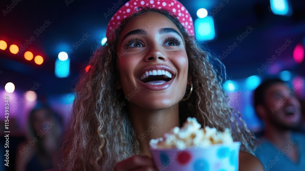 A young woman wearing a pink hat holds a polka dot cup filled with popcorn as she enjoys a joyful moment in a vibrant, colorful cinema setting. A young woman wearing a pink hat holds a polka dot cup filled with popcorn as she enjoys a joyful moment in a vibrant, colorful cinema setting.