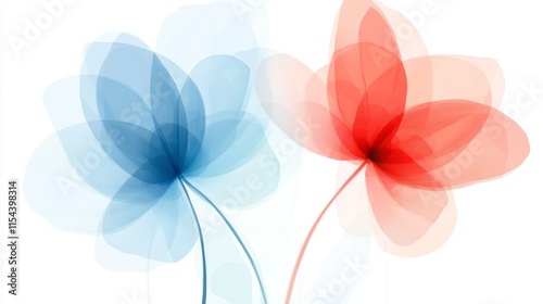 Two translucent flowers portrayed in vivid blue and red hues. Their overlays create an intricate, abstract floral design, captivating with simplicity and modern elegance.