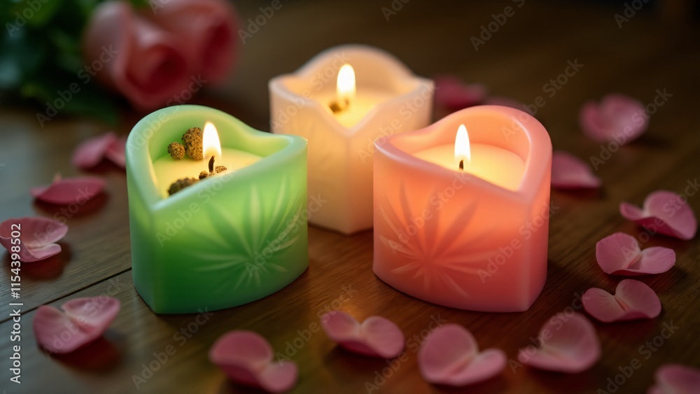 Elegant candles with cannabis leaf imprints and heart-shaped bases, glowing softly in green and pink hues, surrounded by flower petals on a polished wooden table Elegant candles with cannabis leaf imprints and heart-shaped bases, glowing softly in green and pink hues, surrounded by flower petals on a polished wooden table
