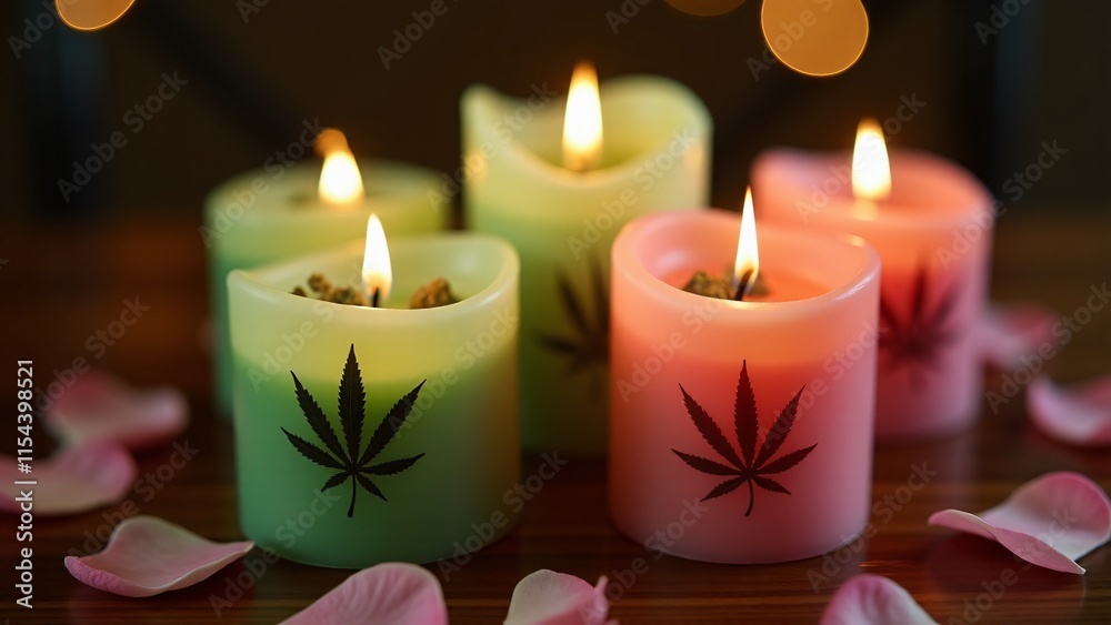 Elegant candles with cannabis leaf imprints and heart-shaped bases, glowing softly in green and pink hues, surrounded by flower petals on a polished wooden table Elegant candles with cannabis leaf imprints and heart-shaped bases, glowing softly in green and pink hues, surrounded by flower petals on a polished wooden table