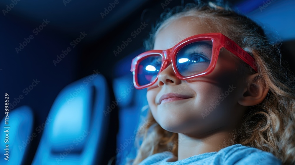 A child sporting oversized red glasses gazes in amazement at a brightly lit screen in a movie theater, captivated by the unfolding visual narrative in front. A child sporting oversized red glasses gazes in amazement at a brightly lit screen in a movie theater, captivated by the unfolding visual narrative in front.