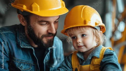 A father fosters a warm and engaging learning environment at a construction site by involving his child, symbolizing growth and exploration beyond traditional classrooms. photo