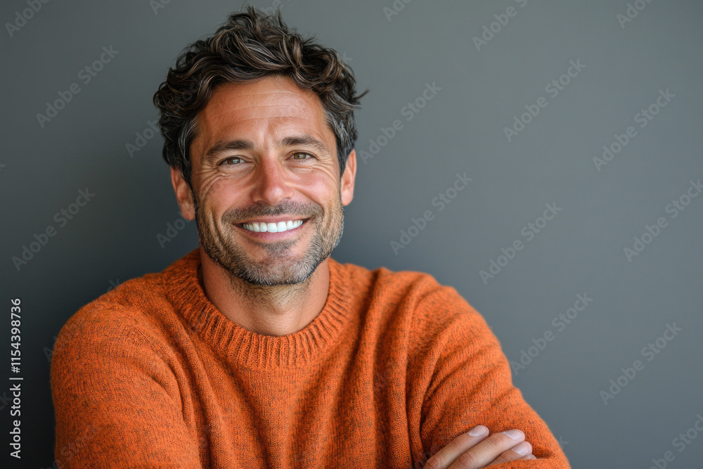 Obraz premium Man with crossed arms, smiling confidently.