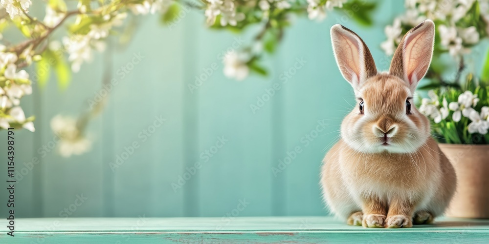 Obraz premium A charming brown rabbit rests on a smooth wooden surface, adorned with colorful flowers, evoking the joyful spirit of Easter in a serene, pastel ambiance that brings joy and elegance
