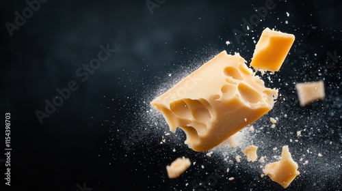 A piece of cheese is shown mid-air with an explosion of crumbs scattering dynamically, highlighting the textures and intricate details of the cheese surface. photo