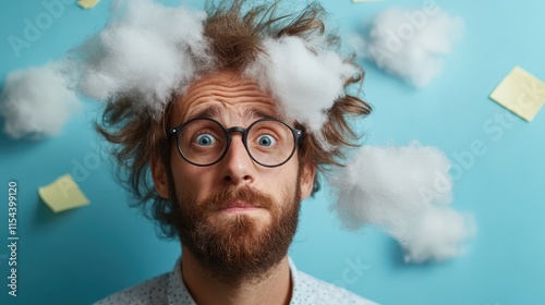 This image features a man with messy hair and glasses, standing amid fluffy clouds on a blue background, conveying confusion and chaos in an artistic manner.