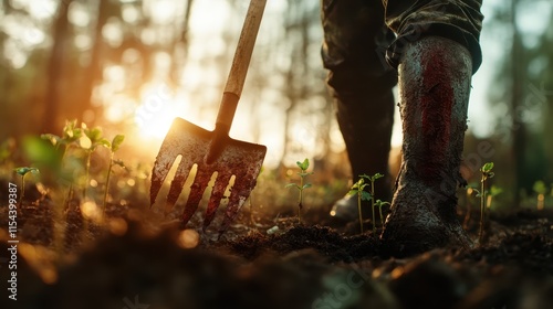 A person works with a farming fork amidst a lush garden, the sun shining brightly through trees, suggesting harmony with nature and human diligence in agriculture. photo