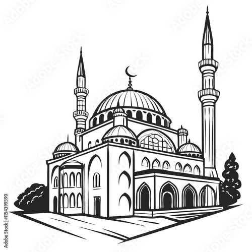 Mosque line art illustration, monochrome Islamic holiday decor design.