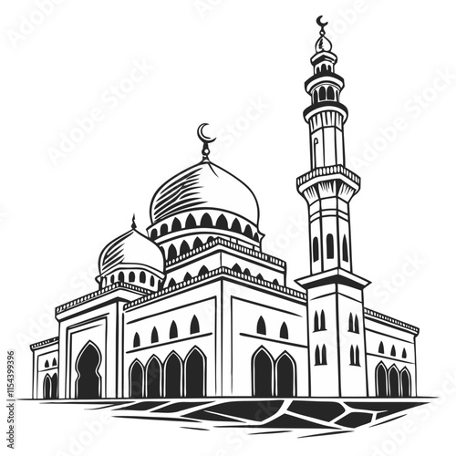 Mosque line art illustration, monochrome Islamic holiday decor design.