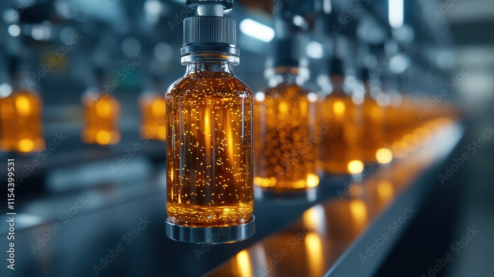 Close-up view of small glass bottles containing orange liquid on a conveyor belt in a factory setting, emphasizing precision and modern manufacturing processes. Close-up view of small glass bottles containing orange liquid on a conveyor belt in a factory setting, emphasizing precision and modern manufacturing processes.