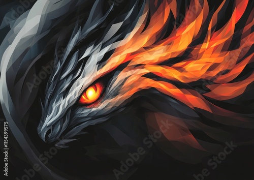 Fiery dragon head, low poly art, orange, grey, dark background. photo