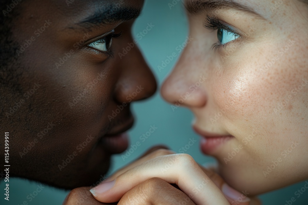 Obraz premium An interethnic couple looks into each other's eyes as one. Valentine's Day, love, relationships, trust