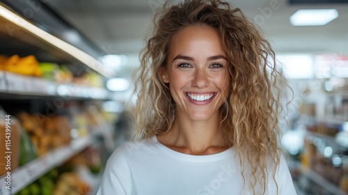 A young woman grins broadly while holding a smartphone in a grocery store aisle, surrounded by shelves of food products, embodying convenience and technological engagement.