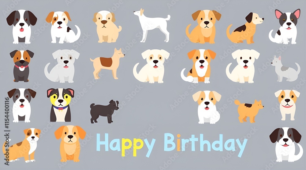 Happy birthday illustration with cute cartoon dogs on a gray background Happy birthday illustration with cute cartoon dogs on a gray background