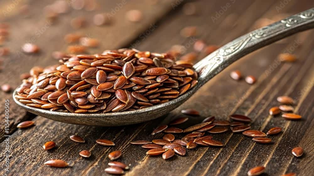 Flaxseed on a S A closeup of a sful of flaxseeds presenting the seeds shiny exterior and rich color against the backdrop of a wooden table emphasizing their nutritional value.