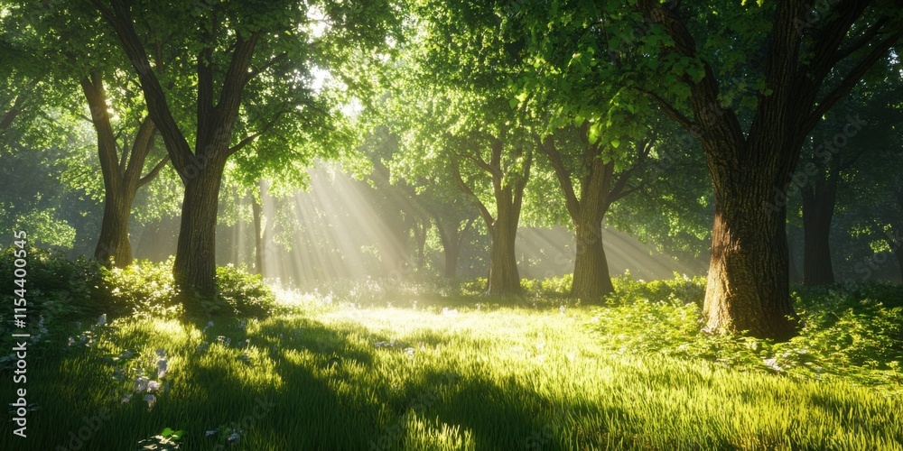 Bosque iluminado por el sol y árboles verdes Bosque iluminado por el sol y árboles verdes