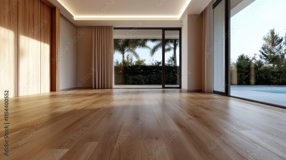 A spacious interior with wooden flooring, large glass doors leading to a pool, surrounded by lush greenery, exuding modern elegance and tranquility.