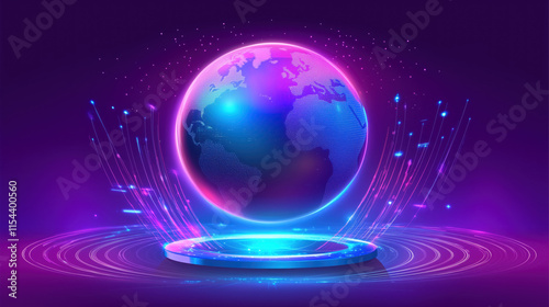 Futuristic Global Communication Design Featuring a Holographic Globe with Illuminated Network Paths in Vivid Gradients
