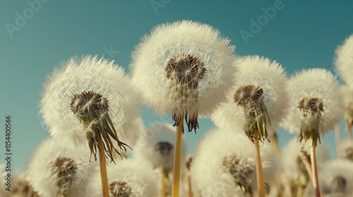 Fluffy dandelion clocks against a clear blue sky. photo