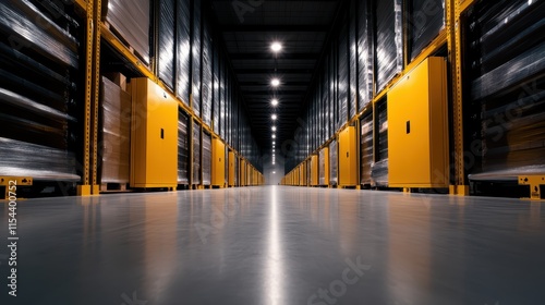 A spacious warehouse aisle features yellow cabinetry, high shelves filled with boxes, dim fluorescent lighting, and sleek industrial design, suggesting efficiency. photo