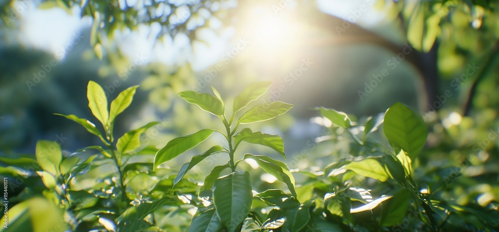 Obraz premium Sunlight filtering through vibrant green leaves in a serene environment.