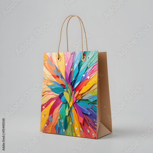brown paper colorful design art shopping bag isolated on transparent background