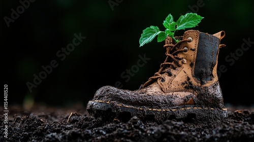 An old muddy boot lies in rich soil with a thriving green plant growing from within, representing nature's strength, transformation, and eco-friendly coexistence.