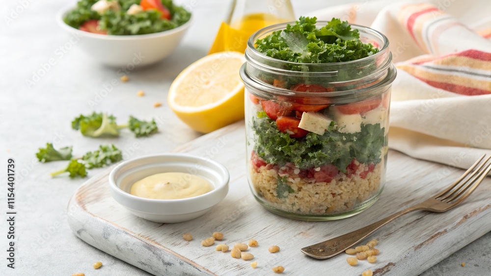 Layered baby kale and quinoa salad in a mason jar with lemon and dressing on a rustic countertop Layered baby kale and quinoa salad in a mason jar with lemon and dressing on a rustic countertop