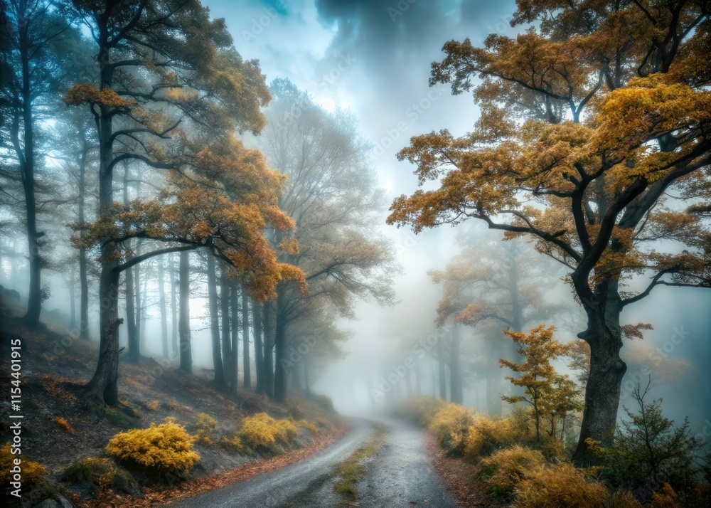 Autumn woods bathed in misty fog, ancient trees lining a foggy path. Autumn woods bathed in misty fog, ancient trees lining a foggy path.
