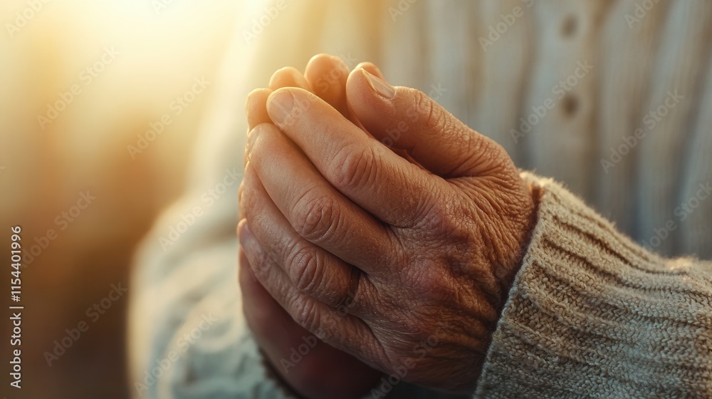 Fototapeta premium Prayerful hands clasped together at sunset serene closeup peaceful environment