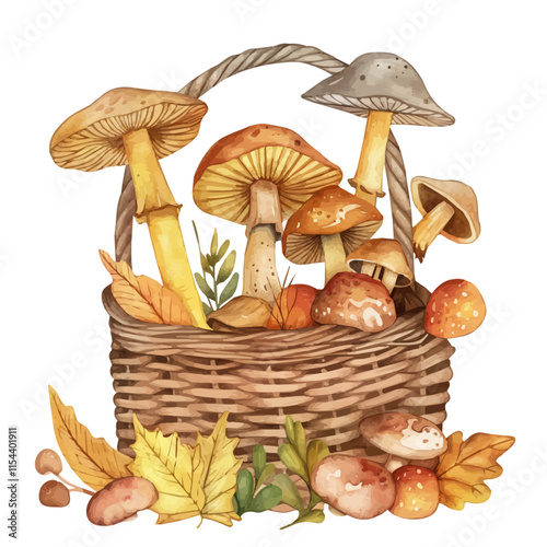 A watercolor vector of a basket of freshly picked wild mushrooms, isolated on a white background. Wild mushroom basket vector.
